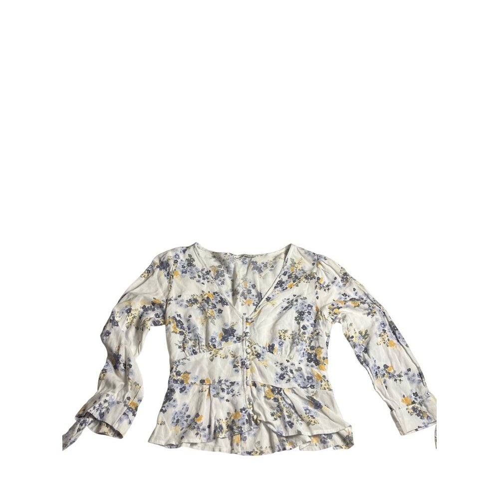 Abercrombie & Fitch S  Floral Tie Sleeve  Top  V-Neck  faux button  Front Blouse